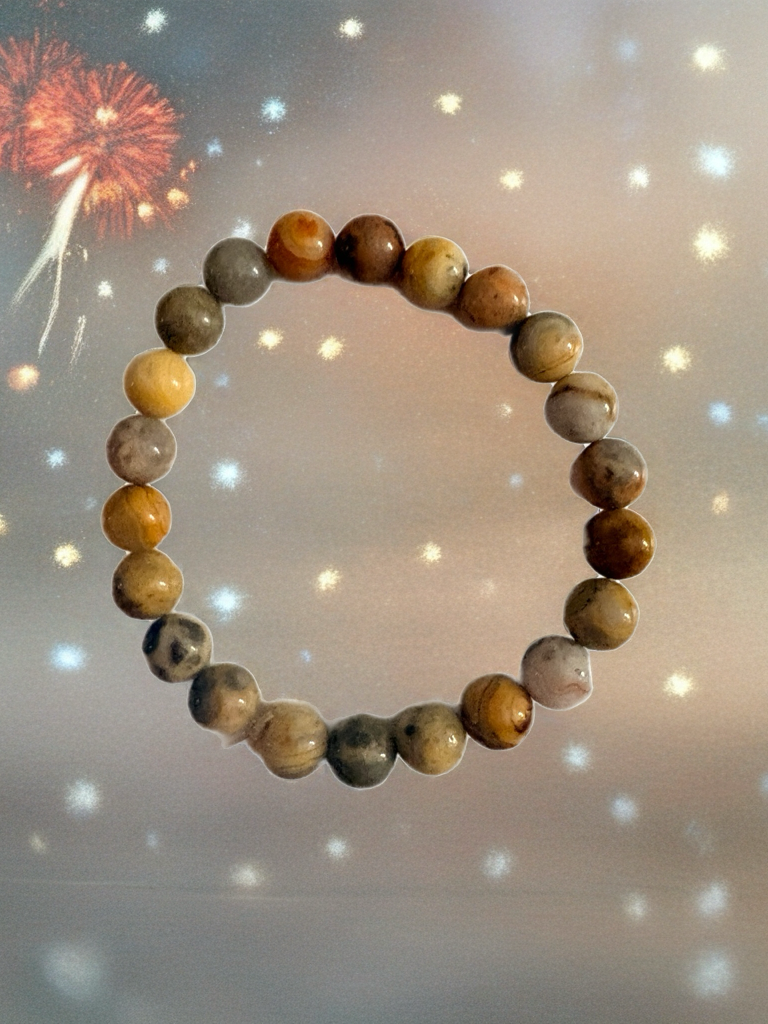 Earth Tone Agate Beaded Bracelet- Round Natural Stone Stretch Bracelet