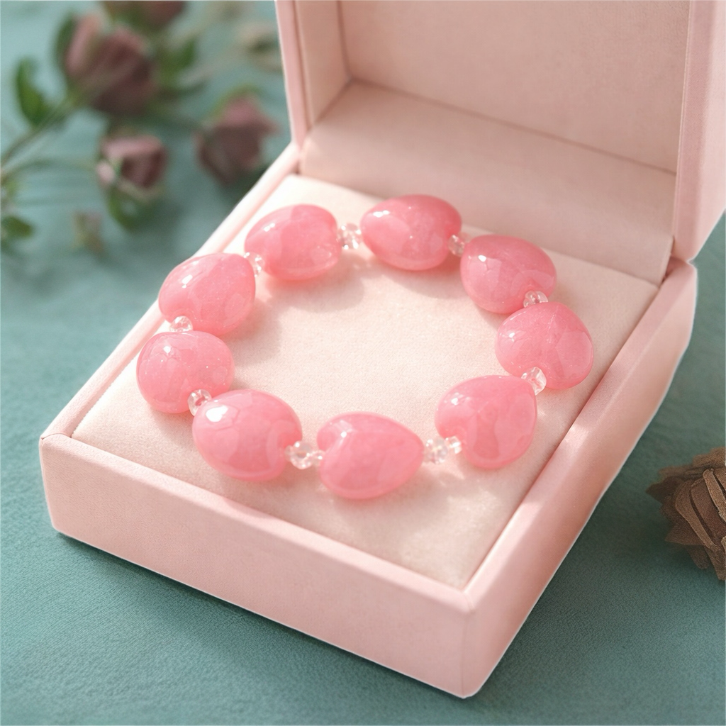 Pink Heart Lace Print Acrylic Beaded Bracelet