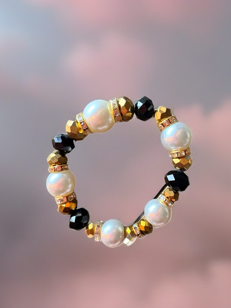 Black & White Glass Pearl Beaded Bracelet – Bronze & Gold Rhinestone Stretch