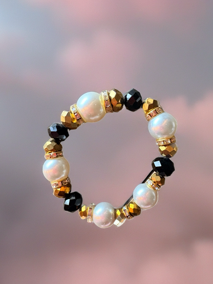 Black & White Glass Pearl Beaded Bracelet – Bronze & Gold Rhinestone Stretch