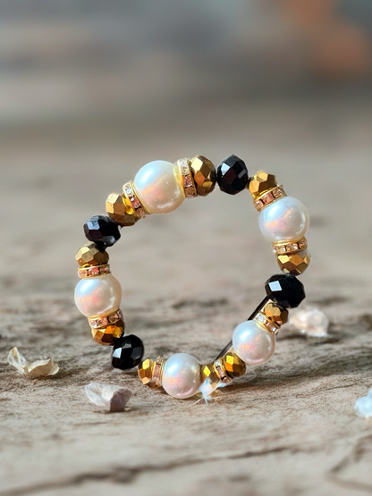 Black & White Glass Pearl Beaded Bracelet – Bronze & Gold Rhinestone Stretch