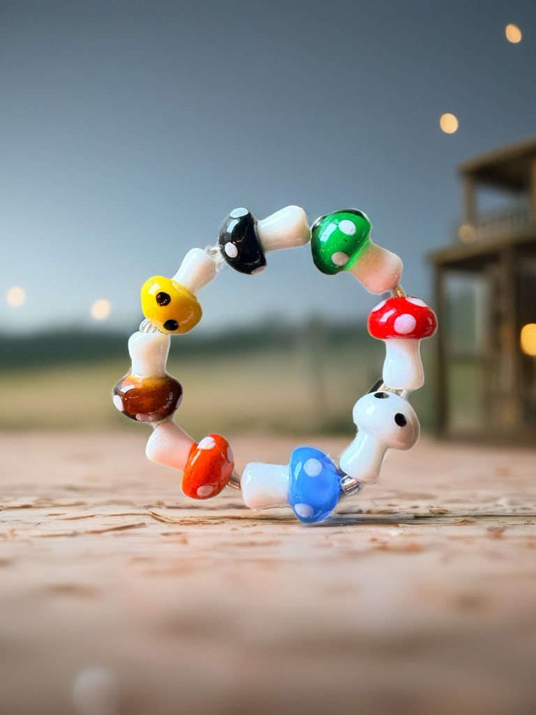 Multi-Colored Mushroom Lampwork Glass Stretch Bracelet – Handmade Beaded