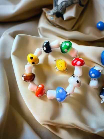 Multi-Colored Mushroom Lampwork Glass Stretch Bracelet – Handmade Beaded