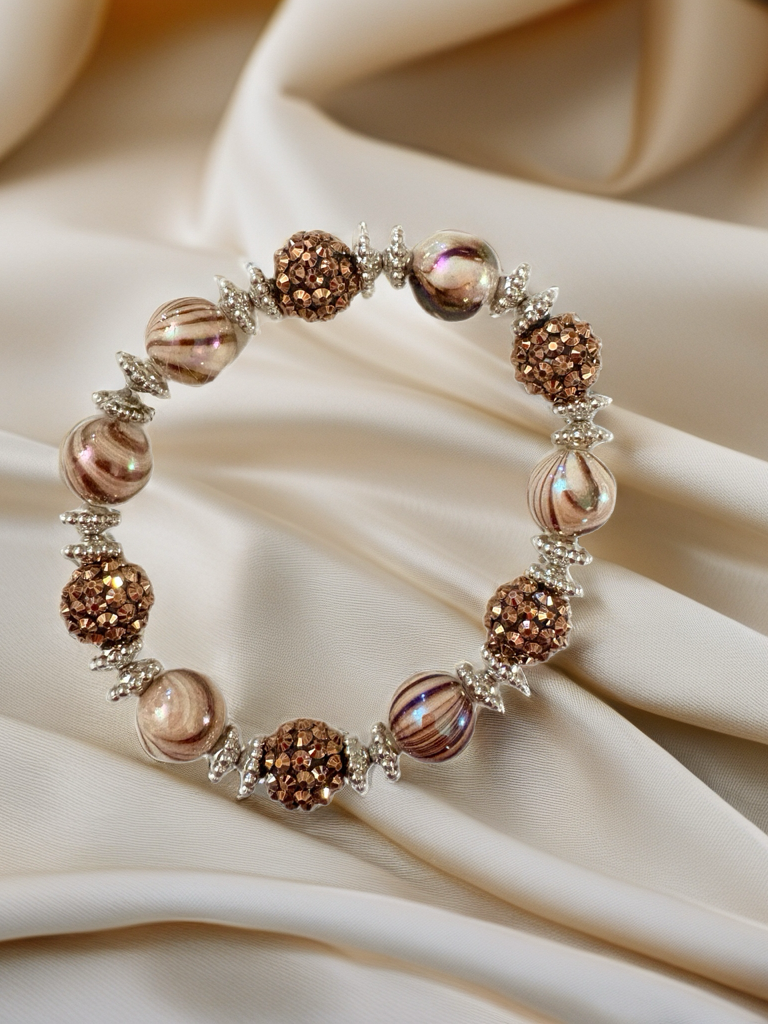 Brown Swirl Acrylic & Shambala beaded Bracelet – Sparkly Statement
