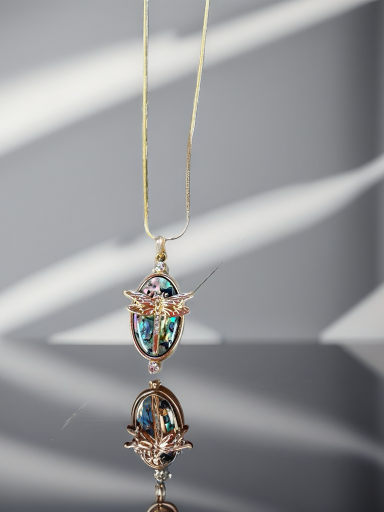 Iridescent Dragonfly Oval Pendant Necklace – Rhinestone Gold Chain Jewelry