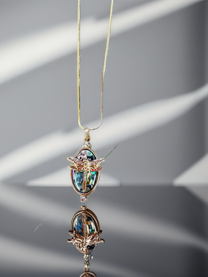 Iridescent Dragonfly Oval Pendant Necklace – Rhinestone Gold Chain Jewelry