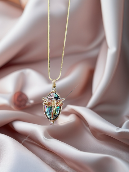 Iridescent Dragonfly Oval Pendant Necklace – Rhinestone Gold Chain Jewelry