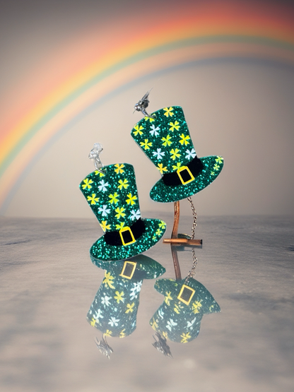Glitter Leprechaun Hat Drop Earrings – St. Patrick’s Day Acrylic Ball Post Earrings