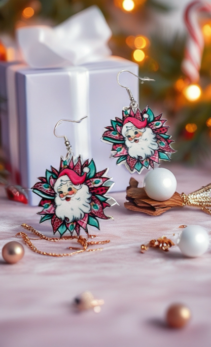 Acrylic Floral Santa Dangle Earrings | Handmade Holiday Statement Jewelry