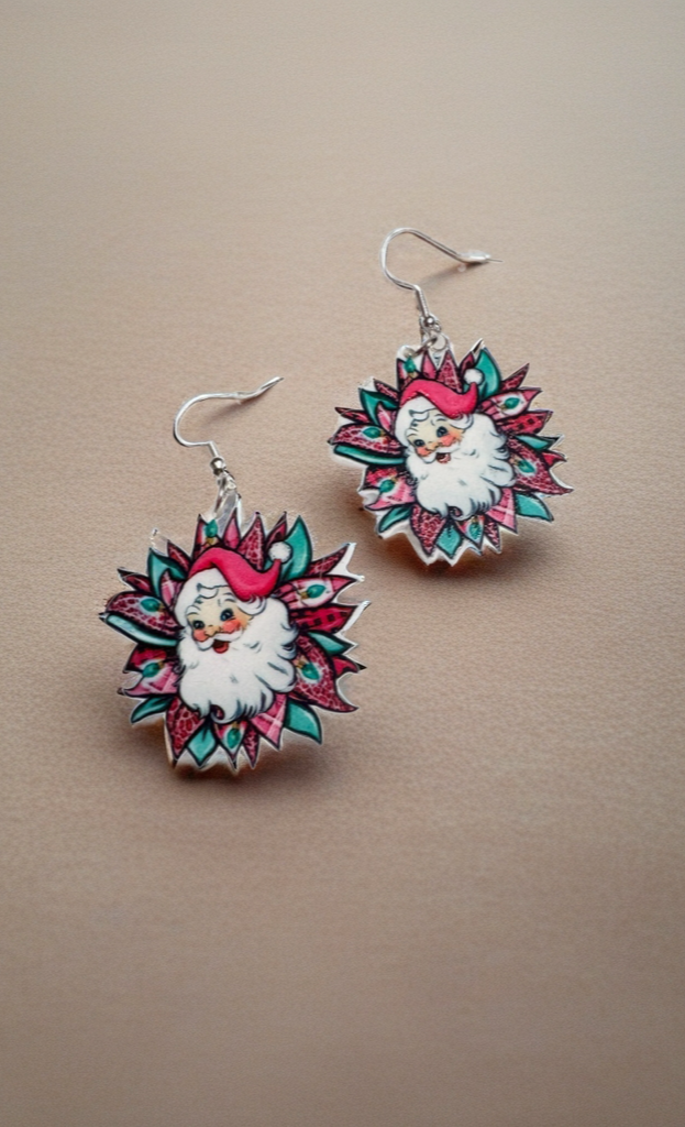 Acrylic Floral Santa Dangle Earrings | Handmade Holiday Statement Jewelry