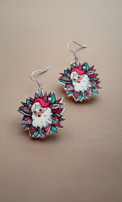 Acrylic Floral Santa Dangle Earrings | Handmade Holiday Statement Jewelry