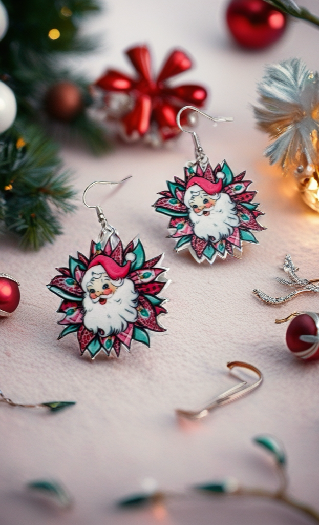Acrylic Floral Santa Dangle Earrings | Handmade Holiday Statement Jewelry