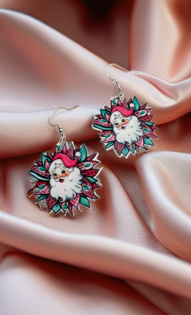 Acrylic Floral Santa Dangle Earrings | Handmade Holiday Statement Jewelry