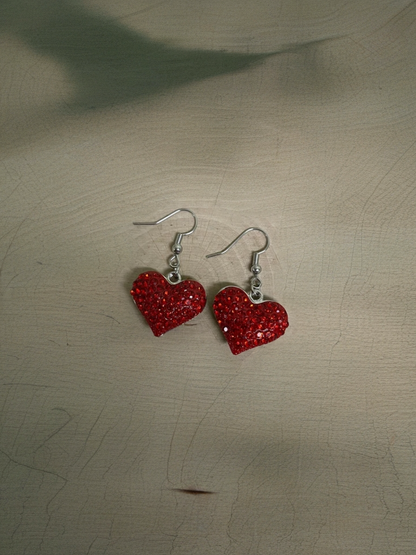 Valentine’s Day Red Pavé Heart Wire Earrings – Sparkling Rhinestone Dangles