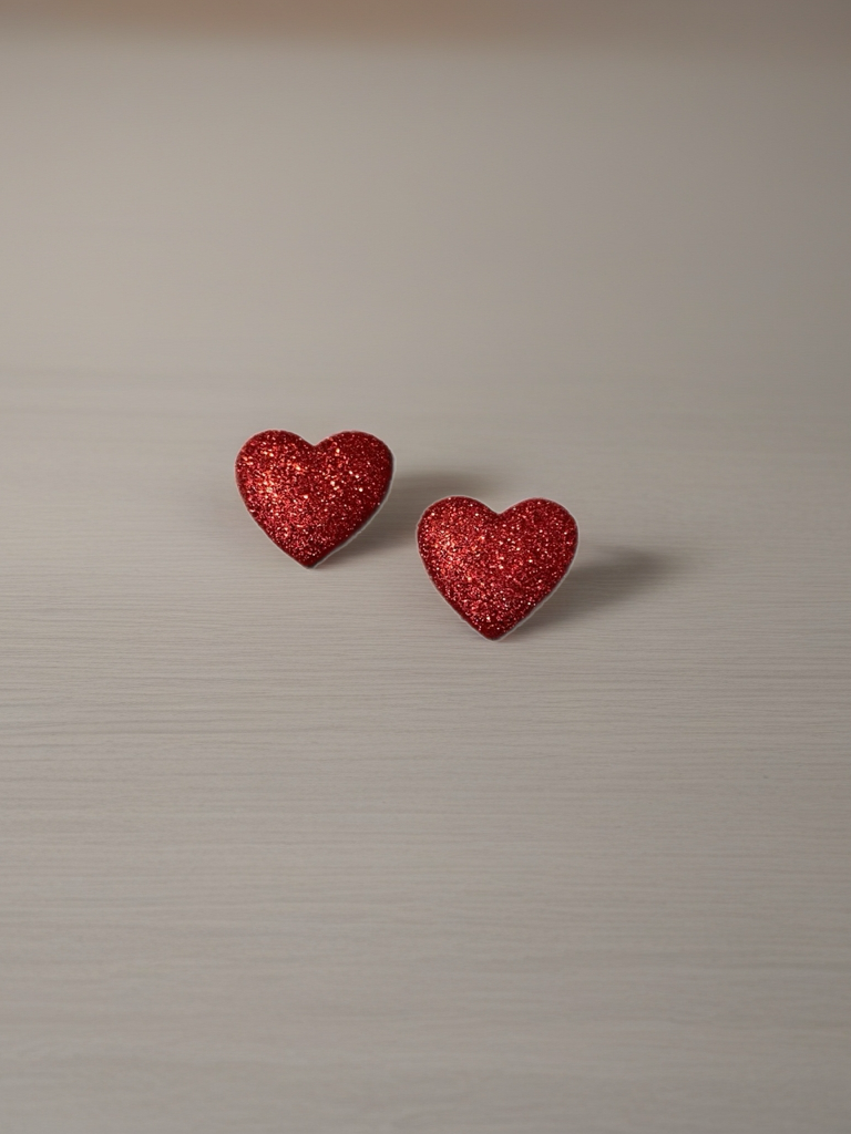 Red Glitter Heart Stud Earrings – Sparkly Valentine’s Day Heart Posts, Romantic Gift for Her, Love Jewelry Glitter Heart Post Earrings