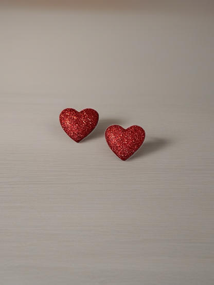 Red Glitter Heart Stud Earrings – Sparkly Valentine’s Day Heart Posts, Romantic Gift for Her, Love Jewelry Glitter Heart Post Earrings
