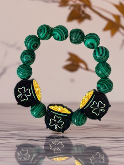 St. Patrick’s Day Pot of Gold Stretch Bracelet -Reconstituted Malachite Beads