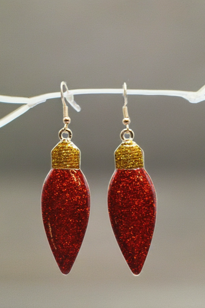 Red Glitter Christmas Light Bulb Dangle Earrings | Handmade Holiday Jewelry