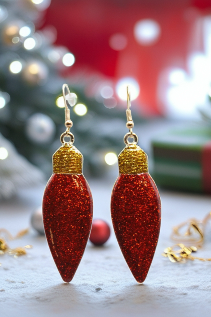 Red Glitter Christmas Light Bulb Dangle Earrings | Handmade Holiday Jewelry