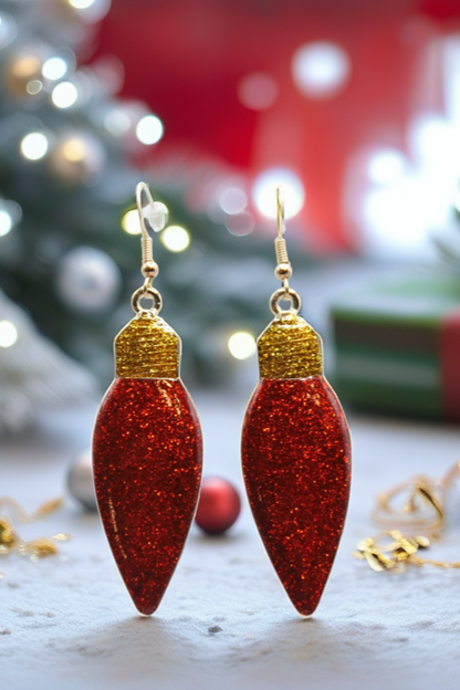 Red Glitter Christmas Light Bulb Dangle Earrings | Handmade Holiday Jewelry