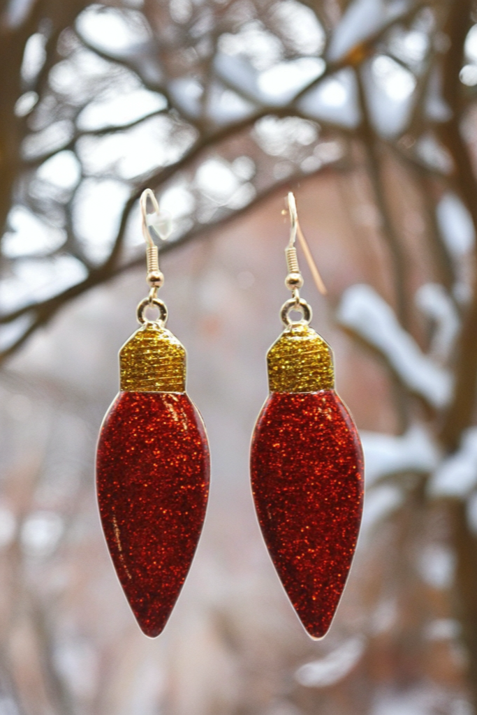 Red Glitter Christmas Light Bulb Dangle Earrings | Handmade Holiday Jewelry
