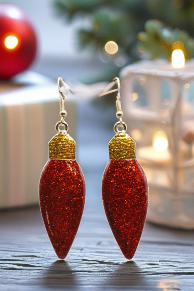 Red Glitter Christmas Light Bulb Dangle Earrings | Handmade Holiday Jewelry