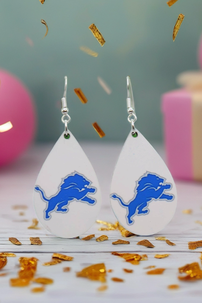 Lions Football on White Teardrop Dangle Earrings | Handmade Fan Jewelry
