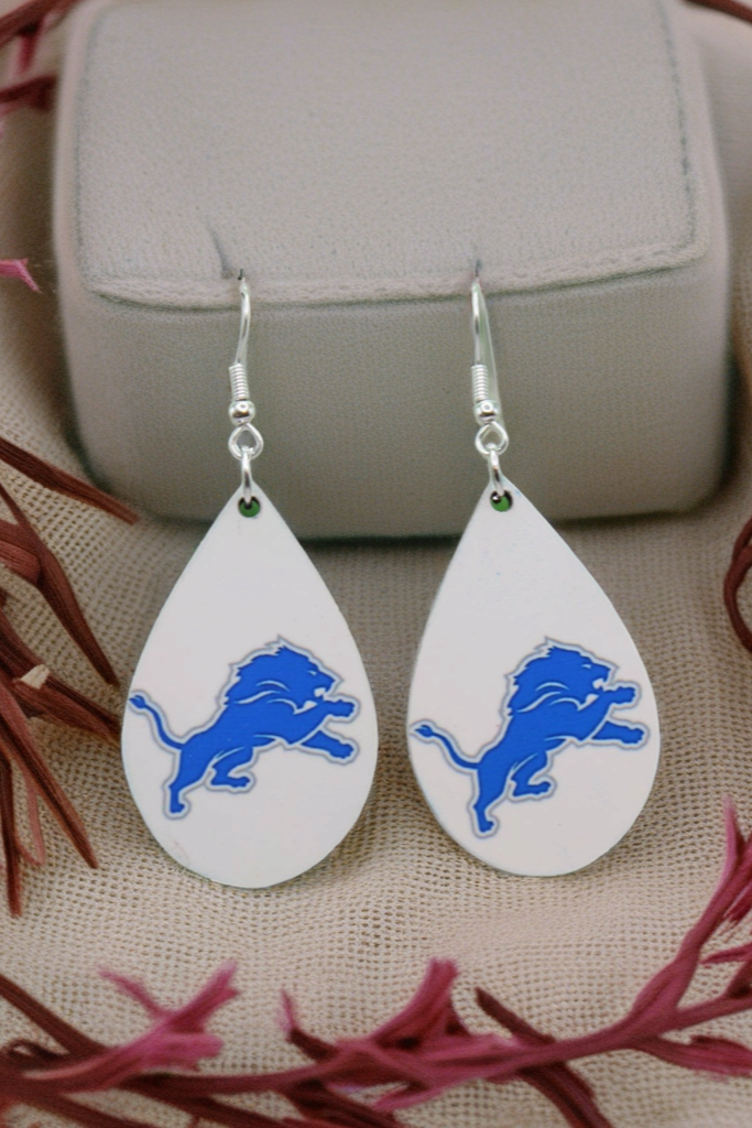 Lions Football on White Teardrop Dangle Earrings | Handmade Fan Jewelry
