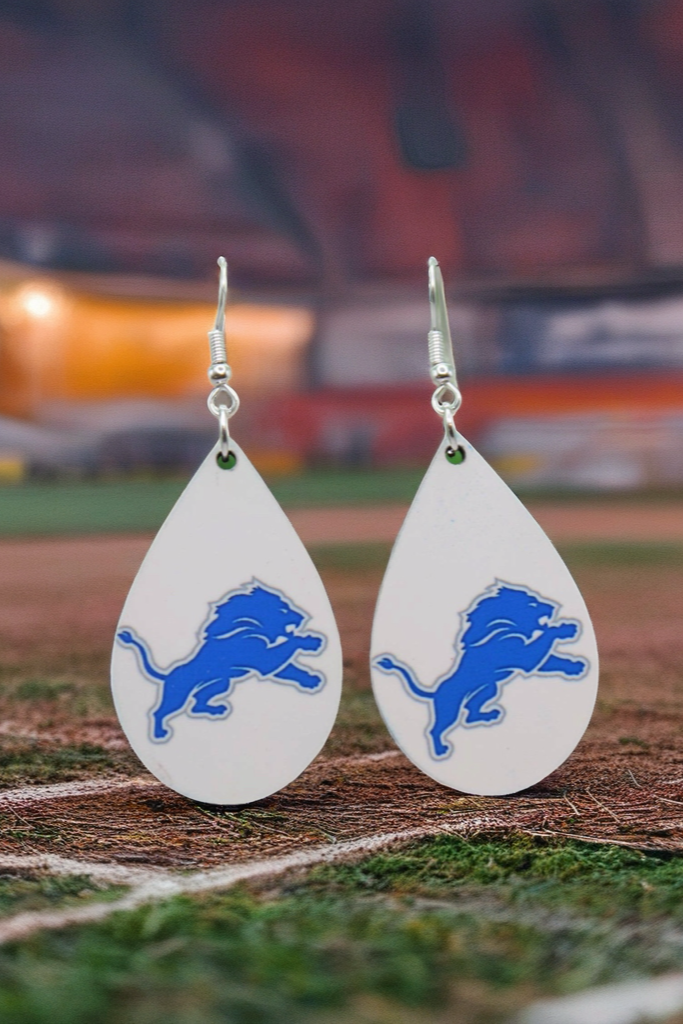 Lions Football on White Teardrop Dangle Earrings | Handmade Fan Jewelry