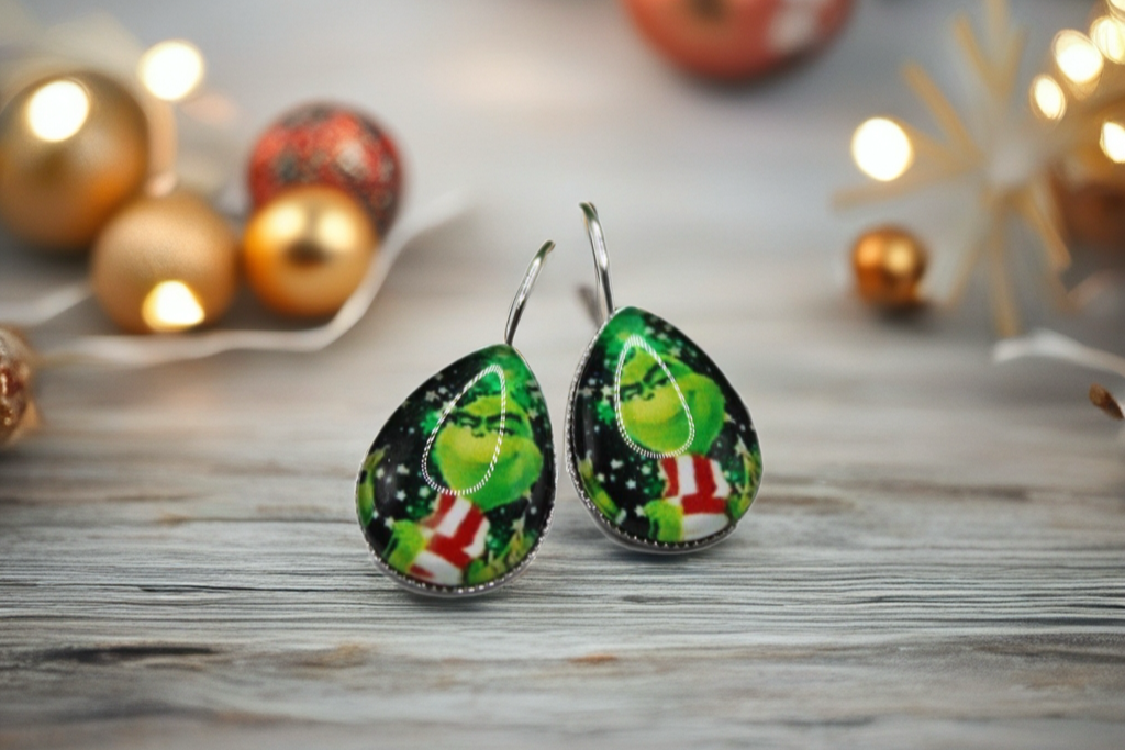 Grinch with Scarf French Lever Earrings | Handmade Holiday Jewelry