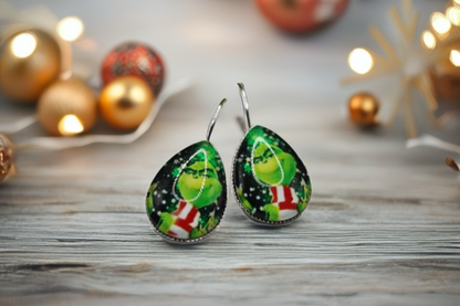 Grinch with Scarf French Lever Earrings | Handmade Holiday Jewelry