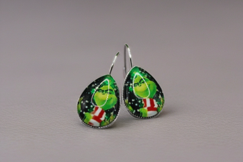 Grinch with Scarf French Lever Earrings | Handmade Holiday Jewelry