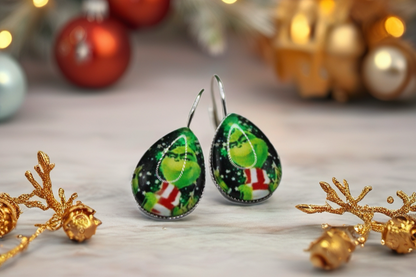 Grinch with Scarf French Lever Earrings | Handmade Holiday Jewelry