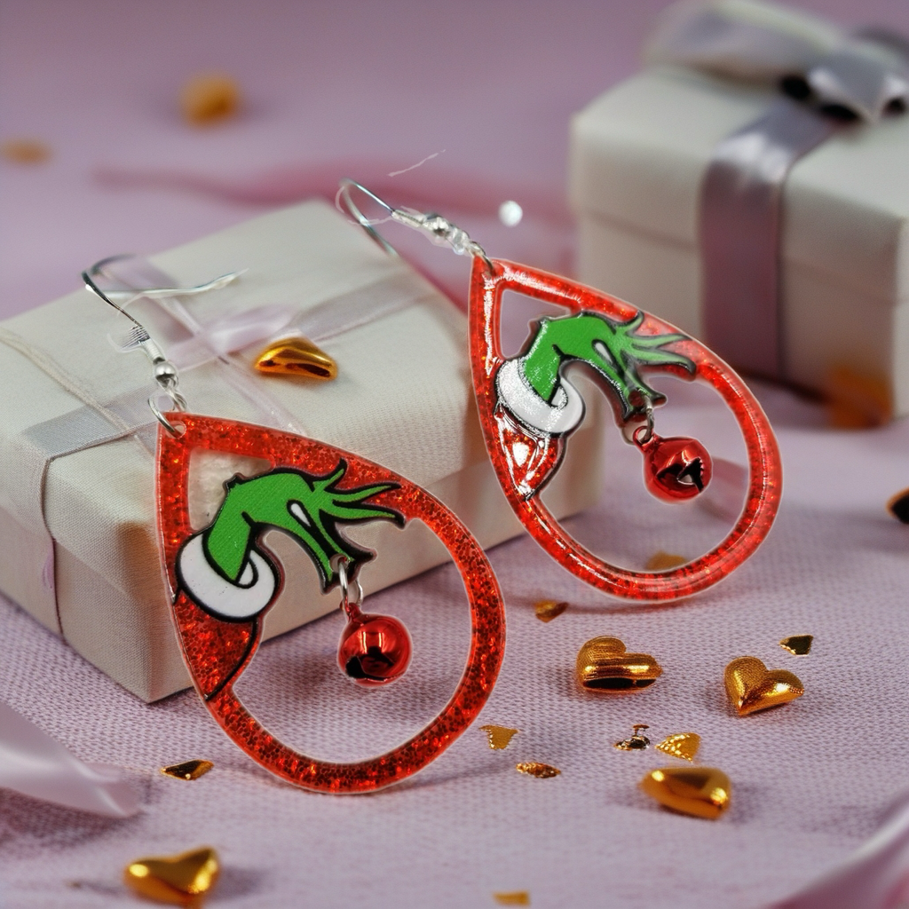 Grinch Bell Christmas Earrings | Festive Acrylic Holiday Dangle Earrings