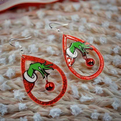Grinch Bell Christmas Earrings | Festive Acrylic Holiday Dangle Earrings