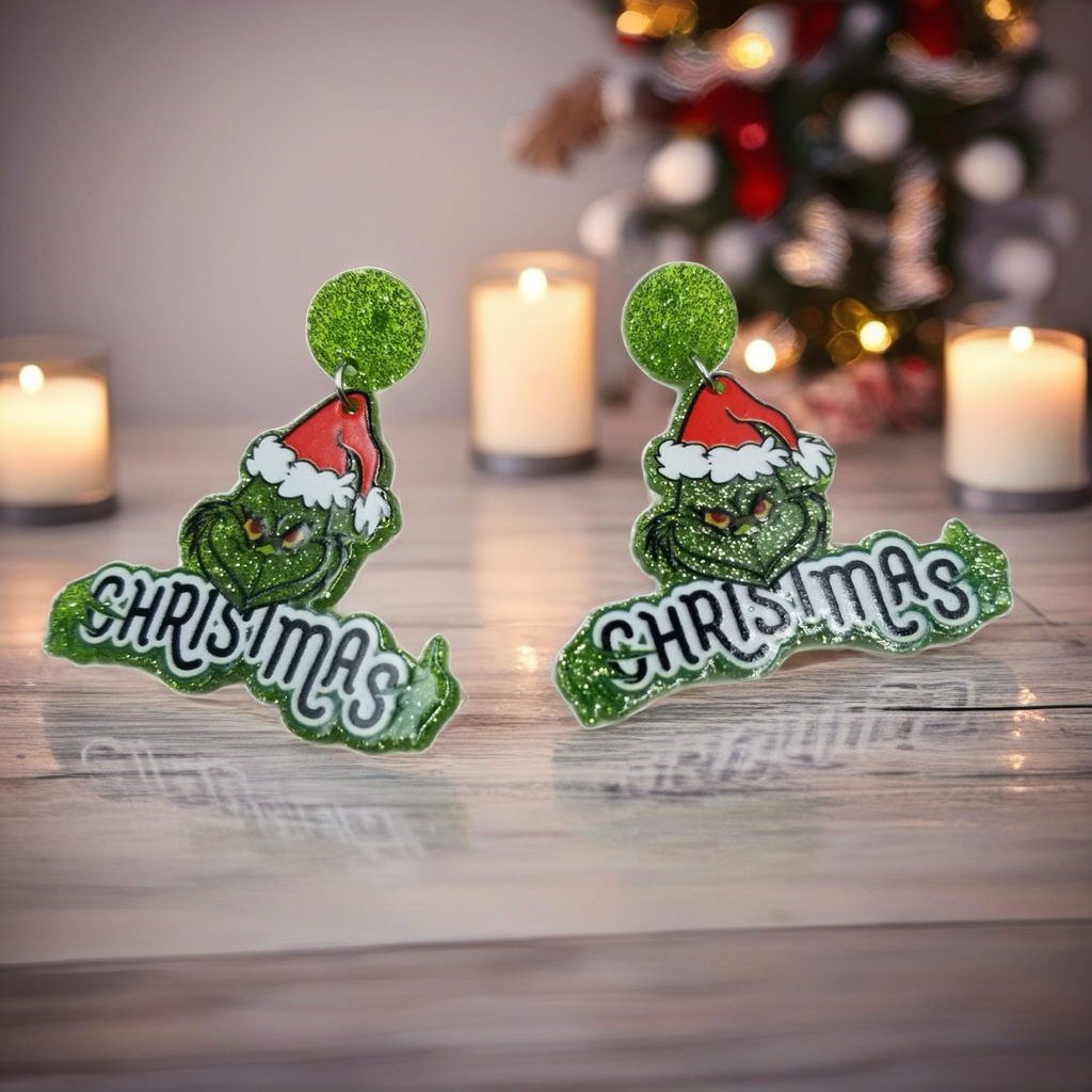 Grinch Christmas Acrylic Earrings | Festive Holiday Statement Dangle Earrings