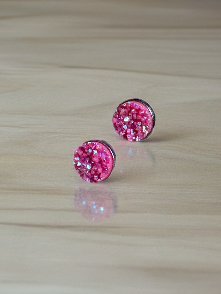 Hot Pink Druzy Stud Earrings | 12mm Sparkle Studs