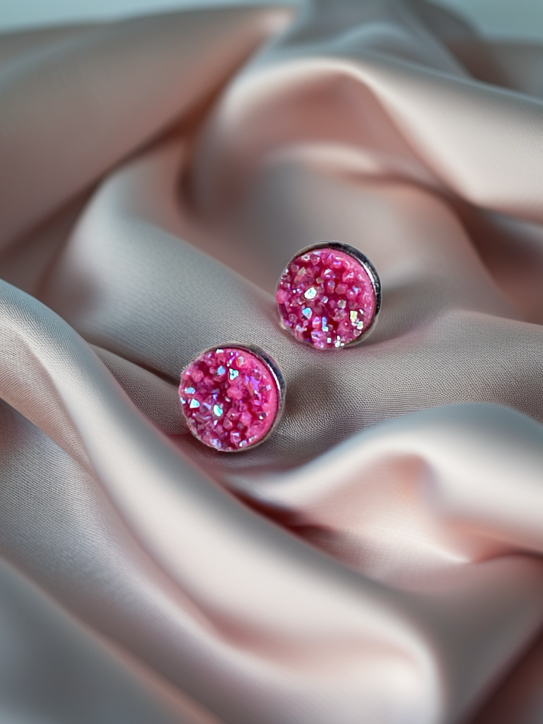 Hot Pink Druzy Stud Earrings | 12mm Sparkle Studs