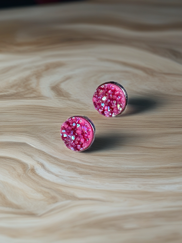 Hot Pink Druzy Stud Earrings | 12mm Sparkle Studs