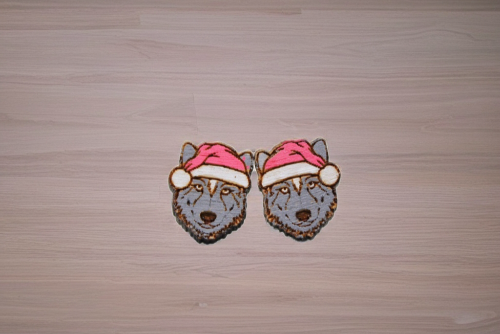 Santa Hat Wolf Stud Earrings | Handmade Wooden Holiday Jewelry