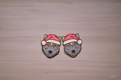 Santa Hat Wolf Stud Earrings | Handmade Wooden Holiday Jewelry
