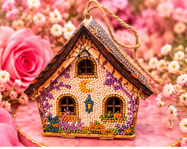 Diamond Art Halloween Haunted House — Completed 3D Wood Hanging Decoration