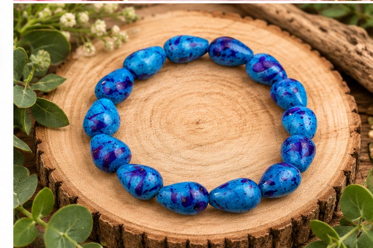 Blue & Purple Splatter Glass Teardrop Beaded Stretch Bracelet — 7"
