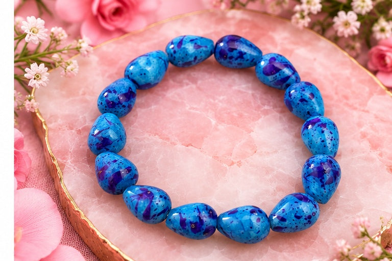 Blue & Purple Splatter Glass Teardrop Beaded Stretch Bracelet — 7"