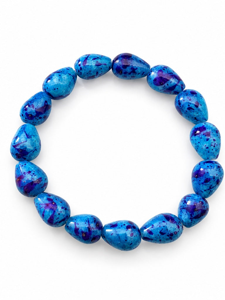 Blue & Purple Splatter Glass Teardrop Beaded Stretch Bracelet — 7"