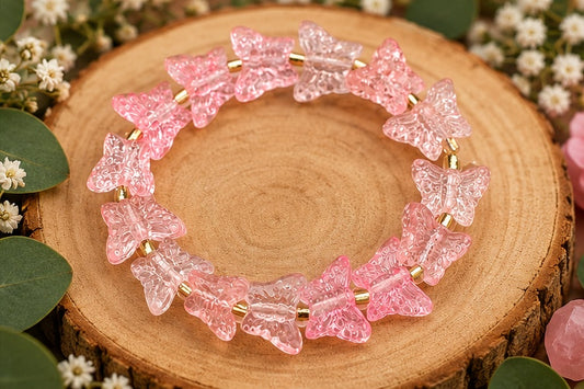 Pink Butterfly Glass Beaded Stretch Bracelet — 15mm Glitter Butterflies, 7"