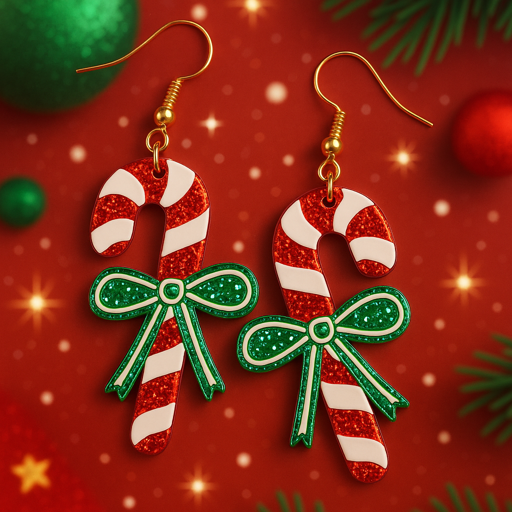 Candy Cane Bow Earrings – Red & Green Glitter Christmas Dangles