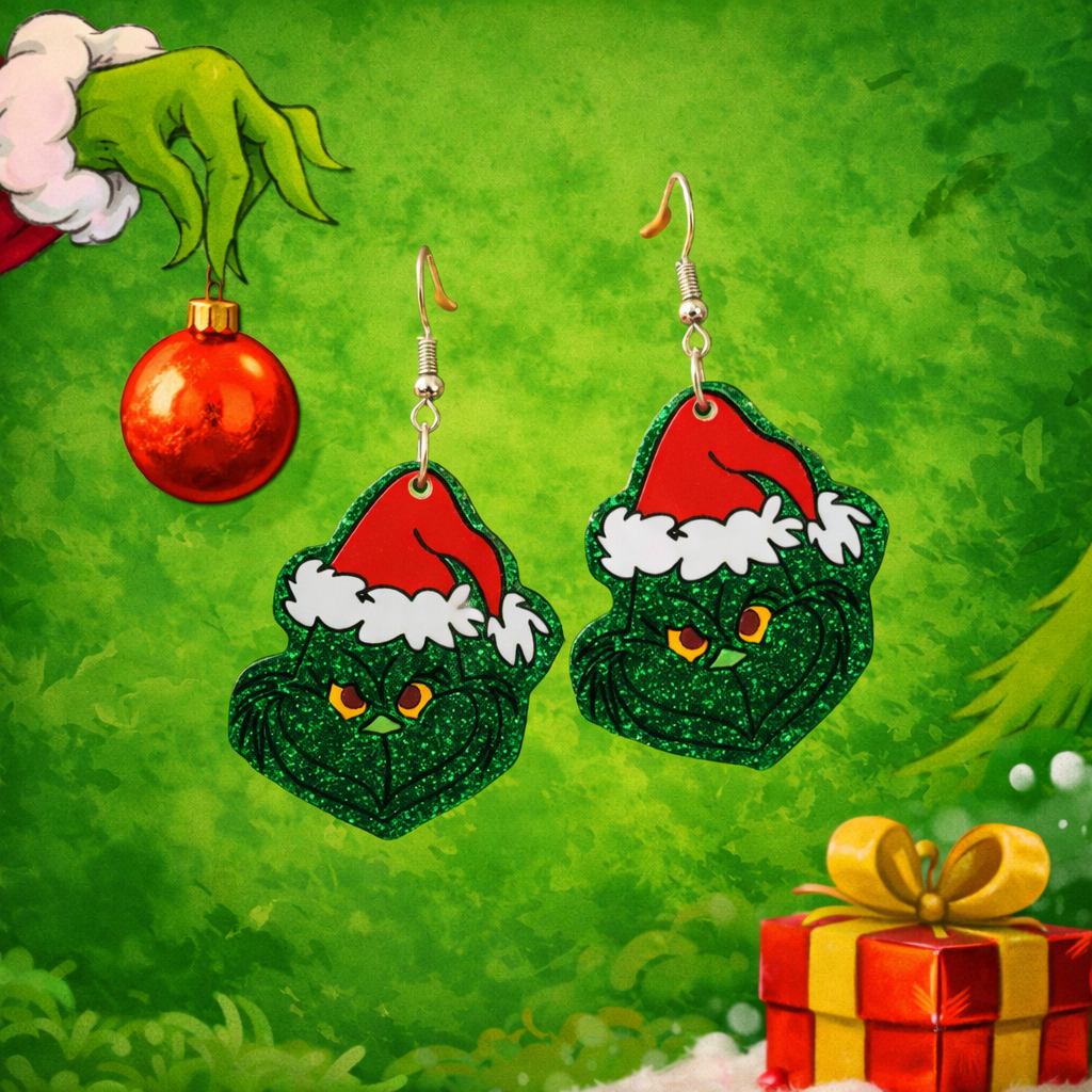 Green Glitter Grinch Santa Hat Earrings – Festive Acrylic Holiday Dangles