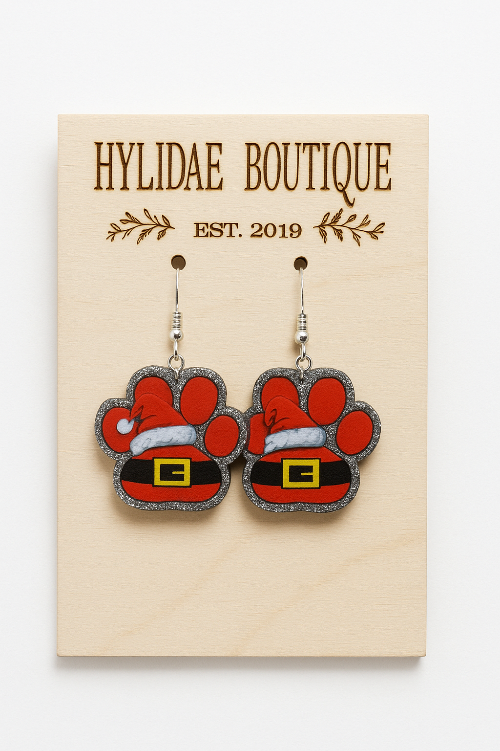 Santa Paw Print Earrings – Festive Glitter Pet Lover Jewelry