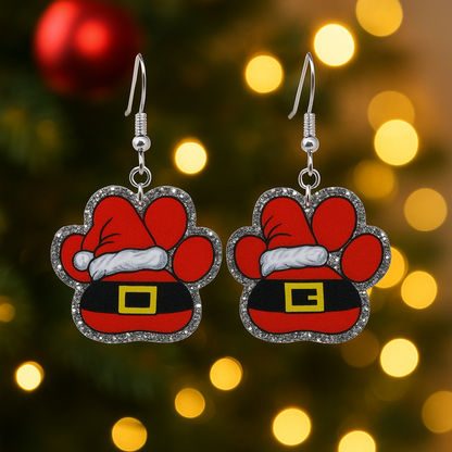 Santa Paw Print Earrings – Festive Glitter Pet Lover Jewelry